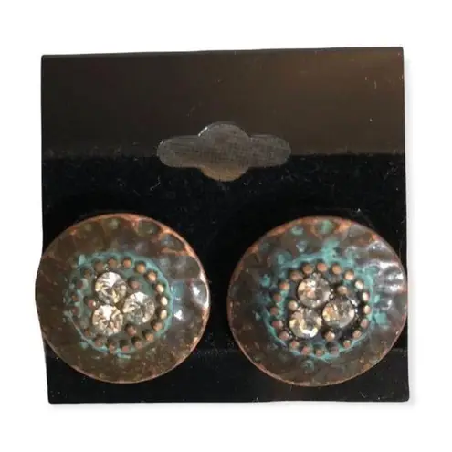Handcrafted One of a Kind Beaten Round Copper Earrings Rhinestones NEW