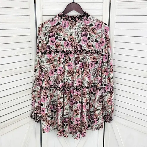 Jane and Delancey Jane and Delancey Floral Ruffle Trim Tiered High Low Tunic Blouse Pink Black