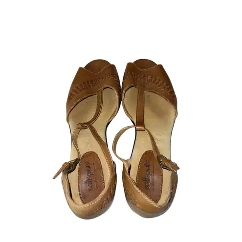 Softspots Tan Leather Peep Toe Slingback Wedge Sandals Women’s 11W Comfort Brown Size 11