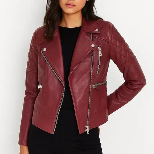 ANINE BING Lamb Leather Cherry Red Quilted Moto Bomber Jacket Size XS edgy biker