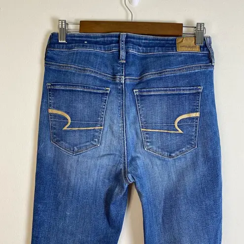 American Eagle  Sz 8 Long Super High Rise Jegging Stretch Denim Blue Jeans Skinny