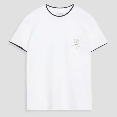 Brunello Cucinelli NWT Tennis Piped Embroidered Cotton-Jersey T-shirt in White