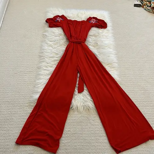 Boston Proper  Red Embroidered Off Shoulder Wide Leg Jumpsuit