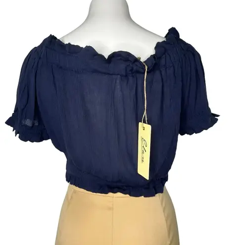 Elan New  Navy Blue Gauze Off The Shoulder Top Blouse Short Sleeve Beach Size M