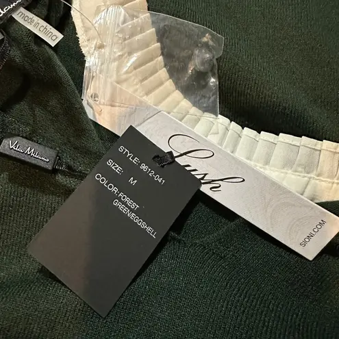 Vila Milano Dark Forest Green Sweater With White Faux Shirt Collar Cuffs Medium