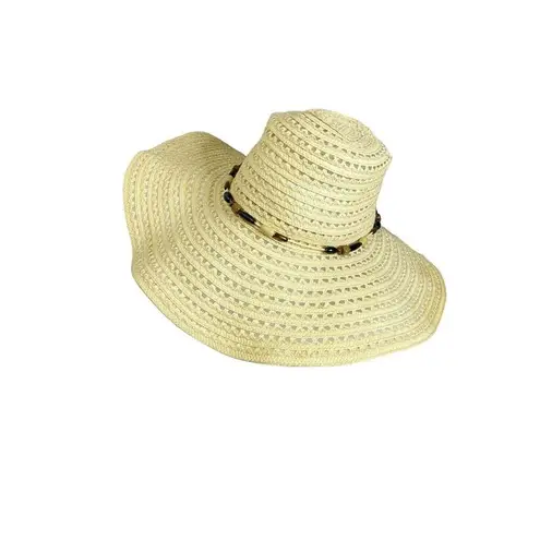 STRAW BIG RIM HAT W/ BEADS Beige Tan Summer Beach Boho