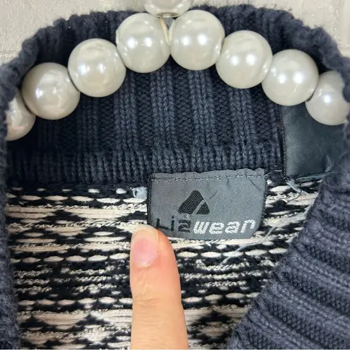 Vintage LizWear Cotton Navy White Patterned Knit Sweater Size L Blue Size L