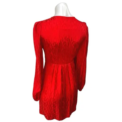 Maje Red Long Puff Sleeve V Neck Smocked Jacquard A Line Mini Dress Size L