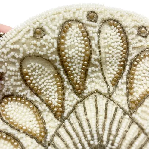Vintage Hand Beaded Art Deco Clutch Wristlet Half Moon Shell Shape Ivory Bell