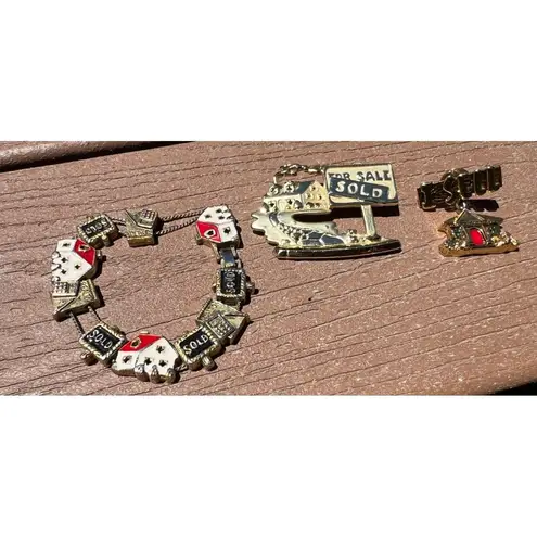 Home House Gold Tone Vintage Jewelry Lot of 2 Lapel Pins Bracelet Realtor Realty