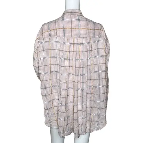 Free People  Shirt Womens XS Break My Stride Pink Plaid Metallic Striped Bohemian