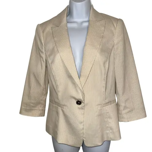 White House | Black Market  Light Tan &amp; White Striped 3/4&quot; Sleeve Blazer NWOT Sz. 8