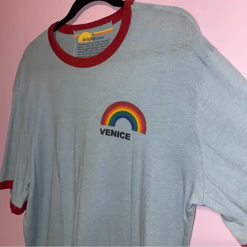 Aviator Nation Venice Rainbow Ringer Tee Men Size L Casual Retro Collegiate