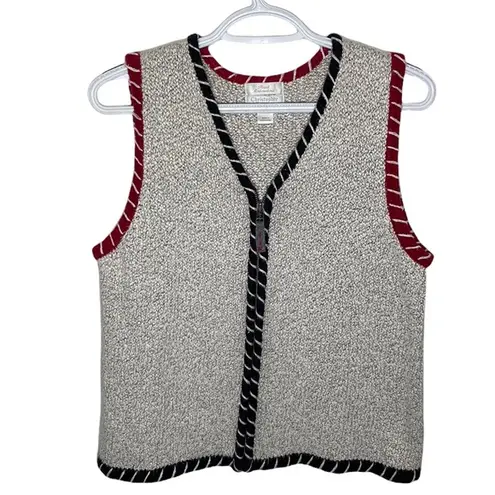 Christopher & Banks Vintage tipped embroidered zip cotton ramie blend vest sz M