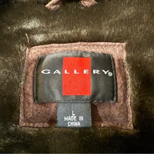 Gallery Vintage Genuine Leather Suede Button Front Coat w/Faux Fur Trim Womens L