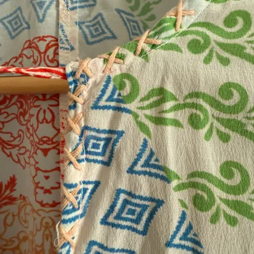 Tolani | 100% Silk Colorful Patchwork Print Flowy Bell Sleeve Split neck Blouse