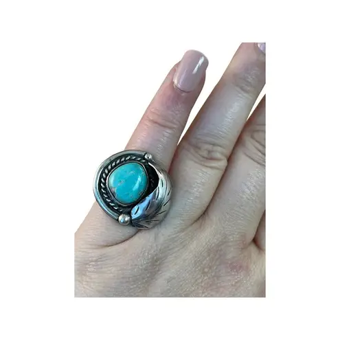 Vintage Blue  Turquoise Leaf Ring, Sterling Silver Native American Ring Sz 4.5