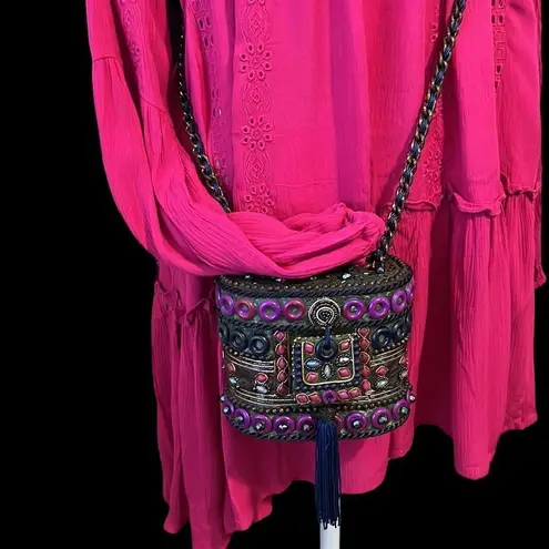 NWT Adiva bright pink LS mini dress or tunic keyhole flowy flouncy ruffles lace Pink