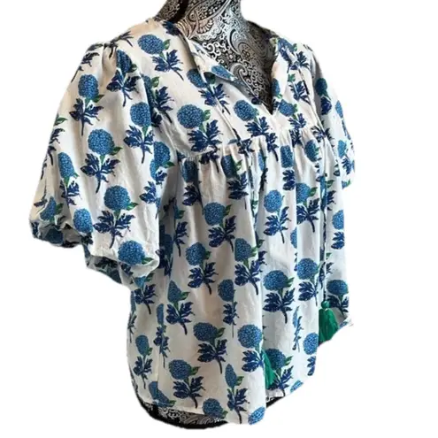 THML Floral Boho Cottage Tassel Top Floral Hydraganea Puff Sleeve Blue XL