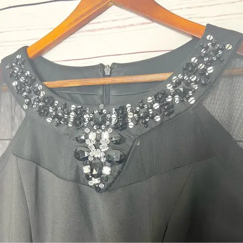 Sangria Black Sheer Sleeve Jeweled Neckline Midi Cocktail Dress Size 10 Large