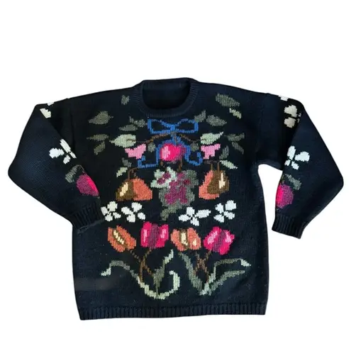 Susan Bristol VTG 80’s Wool Black Cottage-Core Sweater Bright Florals M Crewneck