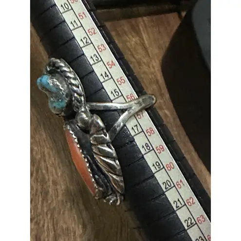 SIZE 8 "RHY" NAVAJO STERLING SILVER TURQUOISE & LARGE CORAL WOMENS RING