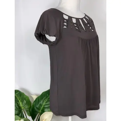 BCBGMAXAZRIA  Brownish Gray Short Sleeve Top Bejeweled Cutouts XS