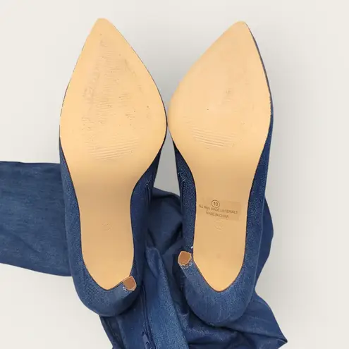 Liliana Womens Blue Denim Thigh High Stretch Stilettos Heels Zip Boots Size 10