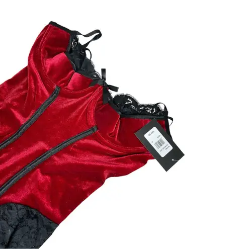 Frederick's of Hollywood Frederick’s of Hollywood Regina Crushed Velvet Teddy NWT Red Black Lace Lingerie