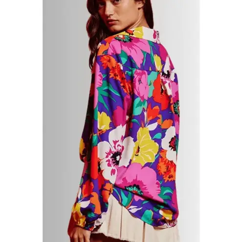 Bucket List Colorful Collared Long Sleeve Floral Button Down Blouse, S