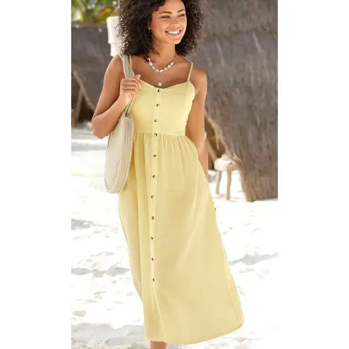 LASCANA Dress Womens Size 8 US 12 UK Beige Linen Blend Button Front Midi Tan