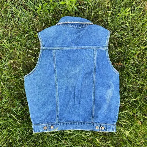 90s / Y2K Denim Vintage Zoo Animal Embroidered Jean Vest Leopard Print Trim Size M