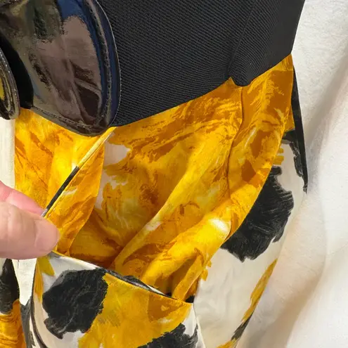 Corey P yellow, black, and white floral print fit and flare dress women’s sz 4 Yellow