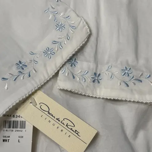 Oscar de la Renta NEW White Cotton Robe Womens L Blue Embroidery Detail Vintage