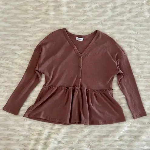 The Comfy Gilli Brown V-Neck Oversized Cozy Waffle Knit Long Sleeve Peplum Top Sz S