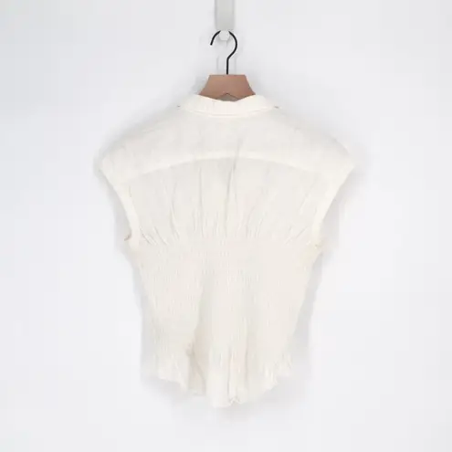 Maeve Anthropologie Bellamy Button Down Smocked Shirt Cotton Linen in White XS