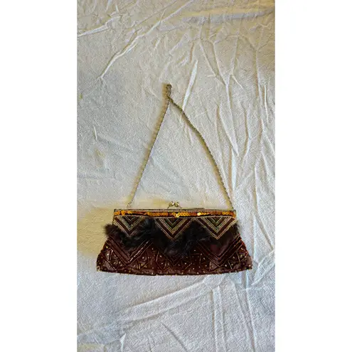 Vintage Beaded Faux Fur Clutch Purse Gold Chain 10x7 Evening Bag Red