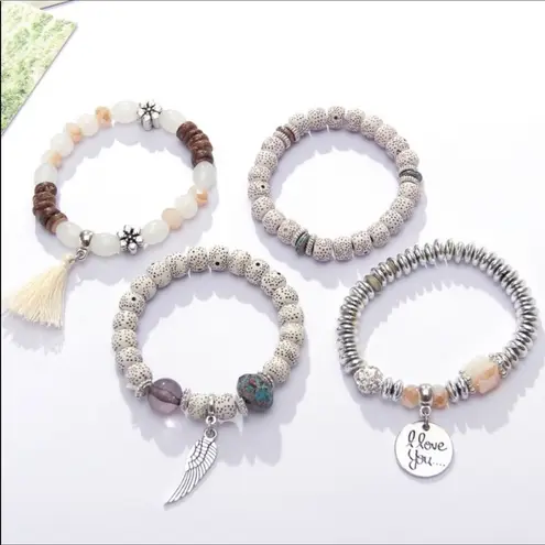 Boho Bead Stretch Stack Gypsy Tassel Bracelets White