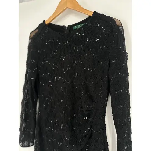 Lauren RALPH LAUREN Lace Sequin Black Dress 14 Ruched Waist Sheer Sleeve Formal