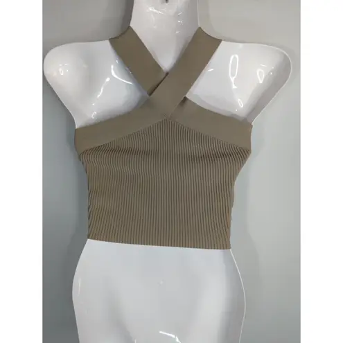 Babaton Saville Tan Sculpt Knit Criss Cross Cropped Tank Womens XS Halter Top