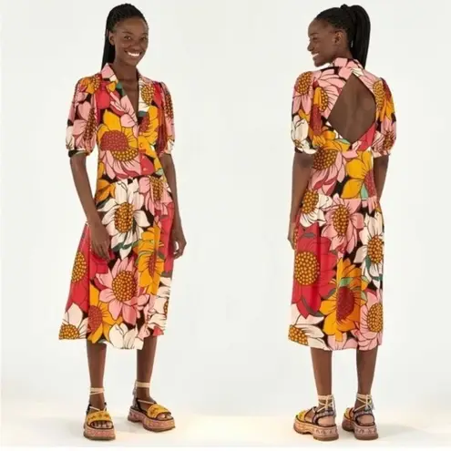 Farm Rio NWT Colorful Sunflowers Cut Out Back Collared Midi Dress S