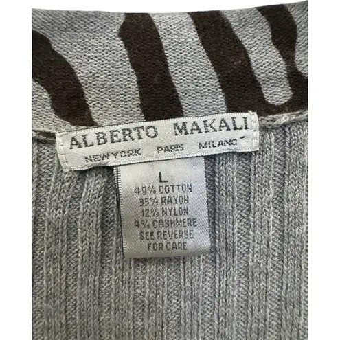 Alberto Makali Women's Large Cardigan Sweater Animal Print Grey Brown Ribbed