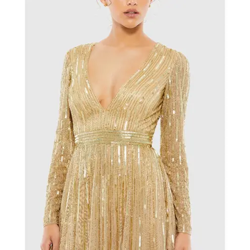 Mac Duggal 4977 Taupe Gold Sequin V Neck Illusion Long Sleeve A Line Gown 4 NWT