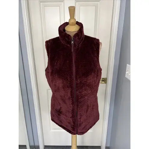 Free Country Women's Medium Quilted Vest Burgundy Zip Up Reversible Faux Fur