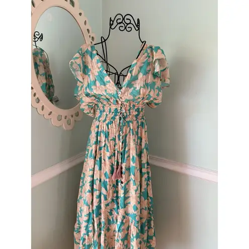 Tiare Hawaii New Moon Maxi Dress Bamboo Organic OS Floral Teal