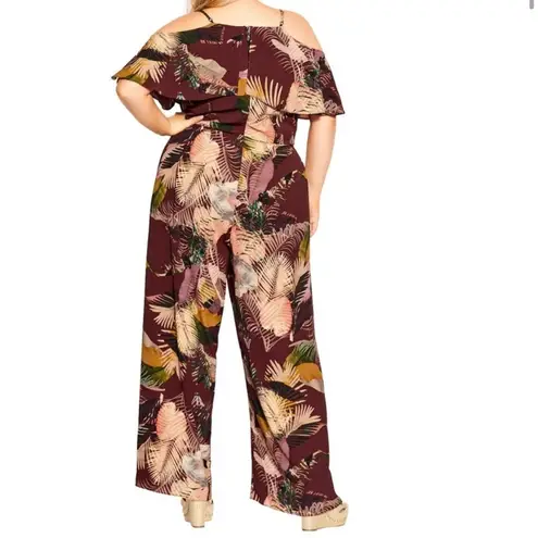 City Chic Tropic Heat Tropical Flowy Burgundy Wrap Wide Leg Jumpsuit Sz 16