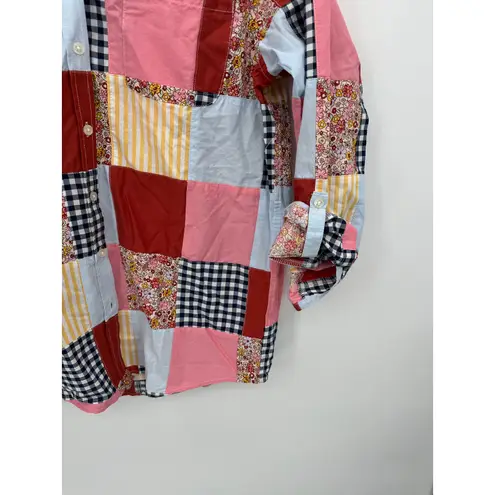 Land's End Button Up Shirt Women Medium Patchwork Quilted Roll Tab Sleeve Artsy