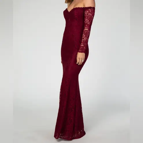Maniju Burgundy Lace Floral Long Sleeve Off Shoulder Sweat heart Maxi Dress