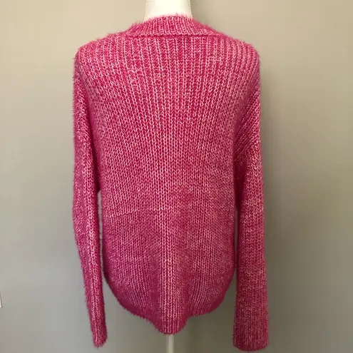 Elodie Sweater Knit Fuzzy Crewneck Eyelash Mid-Weight High Neck Hot Pink White