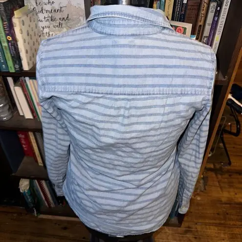 J Crew denim striped 1/4 button elevated basics 6 top Pink